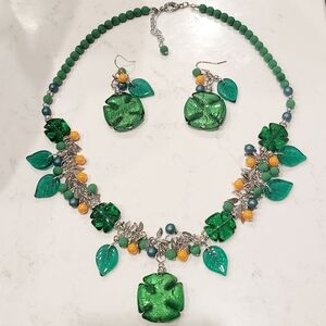 New Authentic Venetian murano glass shamrock lucky clover necklace earrings set